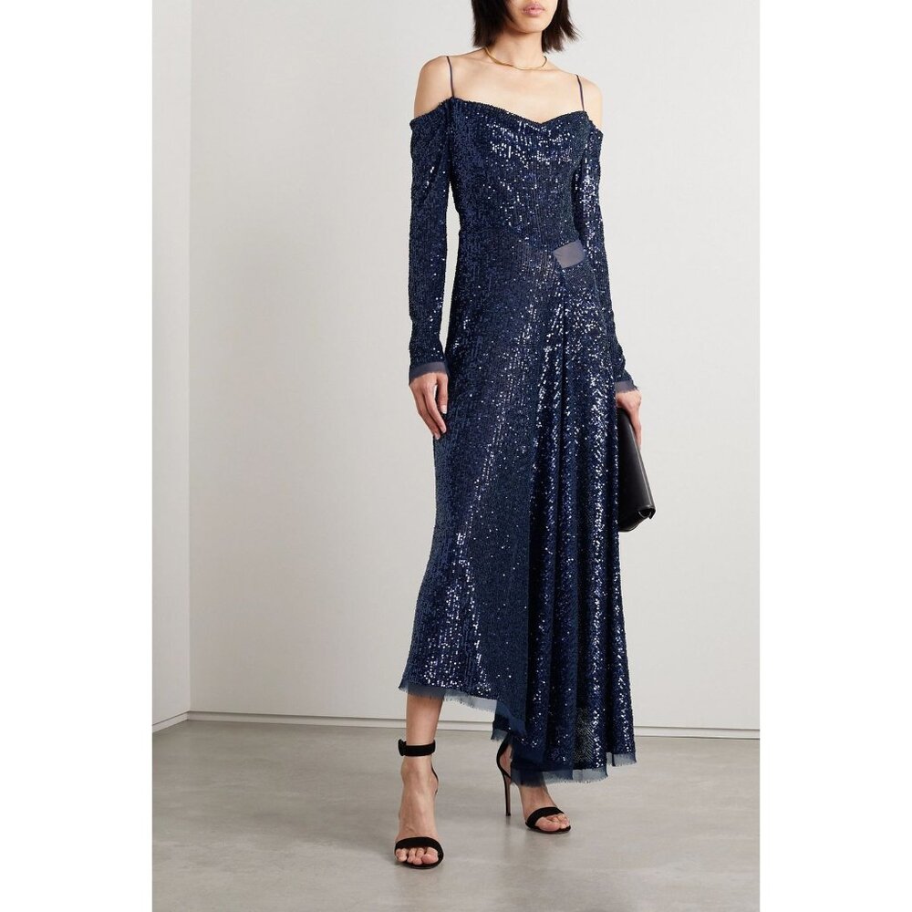 JASON WU COLLECTION Asymmetric navy cold-shoulder sequined maxi dress size 2